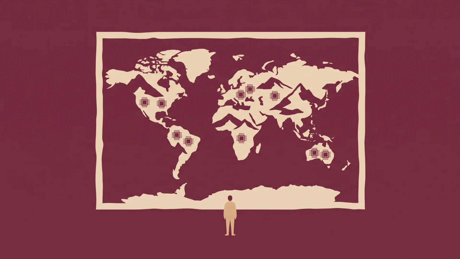 Person standing in front of a large world map with highlighted data pins across continents.