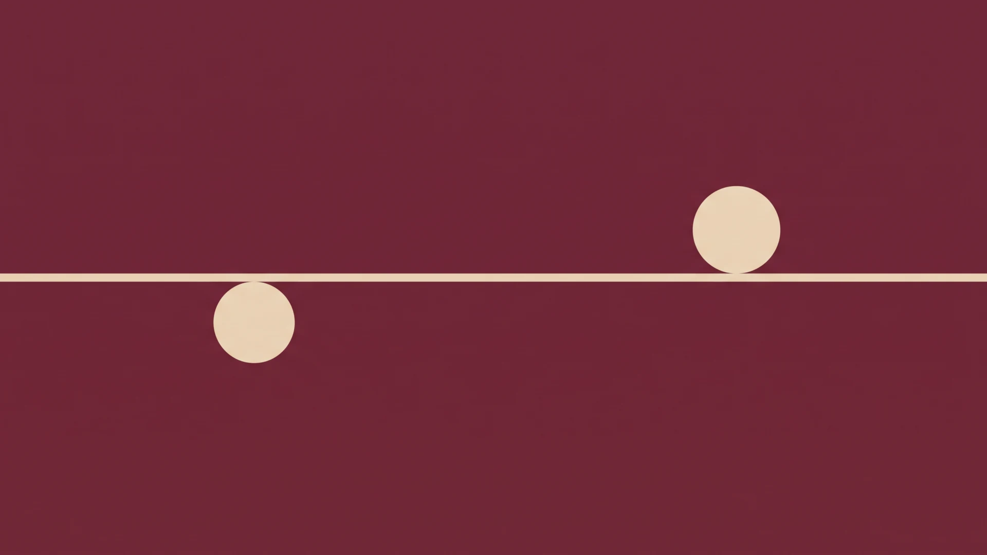 co-sie-zmienilo-przez-noc - Promptowy Minimalist illustration: a pale beige horizontal line with two beige circles on a burgundy background; one circle rests on the line to the right, the other hangs below to the left.