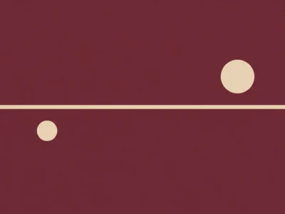 Abstract geometric composition: a beige horizontal line across a maroon field with a small beige circle below the line and a larger beige circle above and to the right.