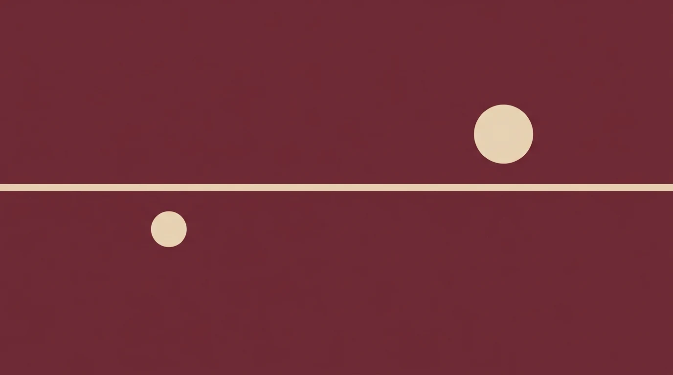 Abstract geometric composition: a beige horizontal line across a maroon field with a small beige circle below the line and a larger beige circle above and to the right.