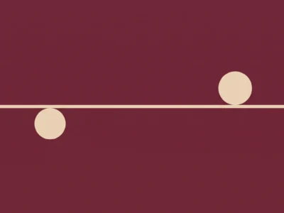 Minimalist illustration: a pale beige horizontal line with two beige circles on a burgundy background; one circle rests on the line to the right, the other hangs below to the left.
