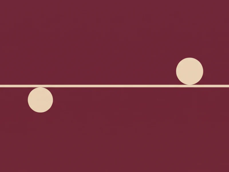 Minimalist illustration: a pale beige horizontal line with two beige circles on a burgundy background; one circle rests on the line to the right, the other hangs below to the left.