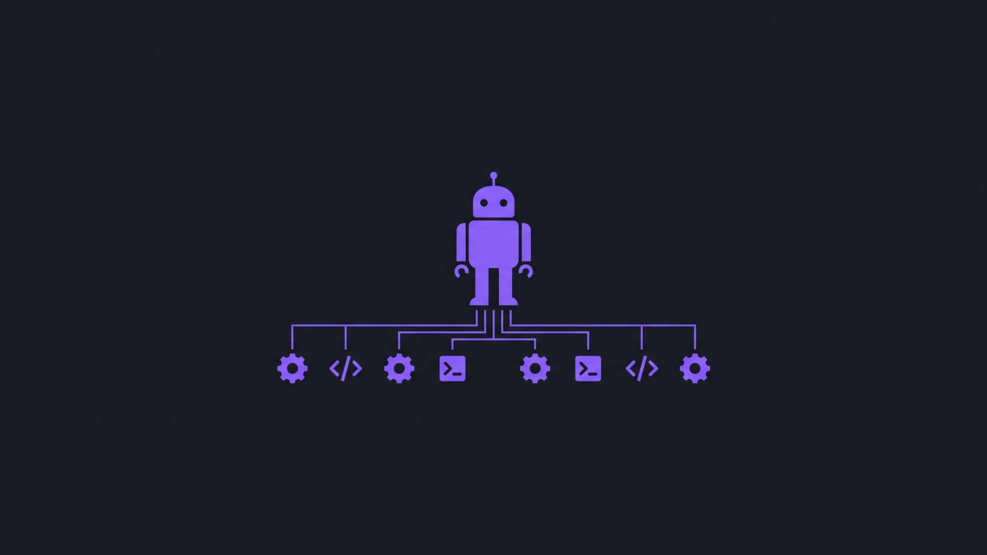 Purple robot standing above a circuit-like workflow with gears and code icons, representing automation