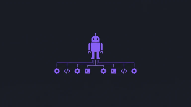 Fioletowy robot nad schematem procesu z ikonami kół zębatych i kodu.