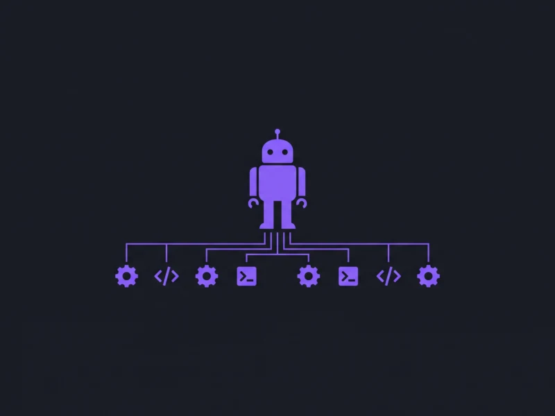 Purple robot standing above a circuit-like workflow with gears and code icons, representing automation