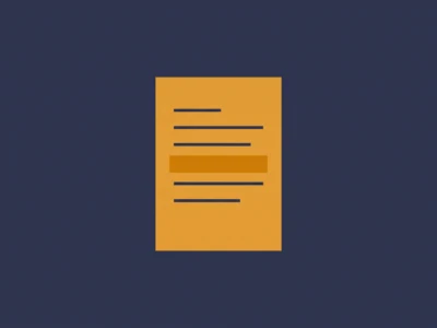 Yellow document with multiple black lines representing text on a dark blue background, centered in the image.”,