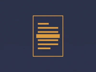 Yellow outlined document icon with multiple orange text lines on a dark blue background.