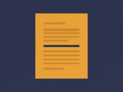 Orange vertical sheet with horizontal lines representing text on a dark blue background, like a document icon.