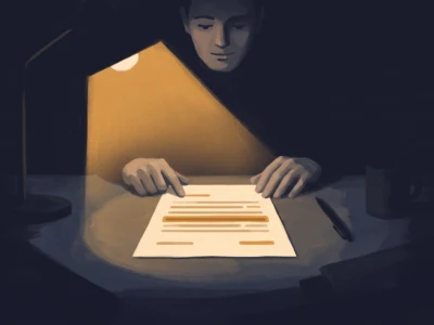 Person seated at a desk reading a document under a warm desk lamp in a dark room