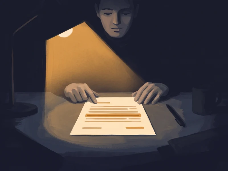 Person seated at a desk reading a document under a warm desk lamp in a dark room