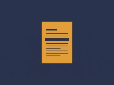 Yellow document icon with lines representing text on a dark blue background. A simple document illustration (orange sheet) centered on a navy backdrop.
