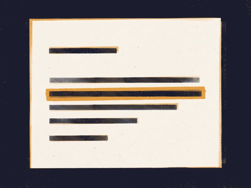 Beige document with multiple black redacted lines outlined in orange on a dark blue speckled background