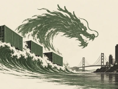 Giant green dragon-shaped wave crashes toward cargo ships on San Francisco Bay, with the Golden Gate Bridge and city skyline in the distance.