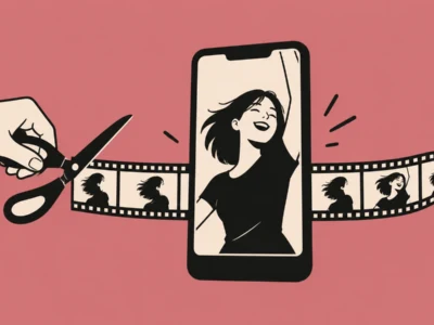 Hand using scissors to cut a film strip that unspools from a smartphone screen showing a smiling woman.