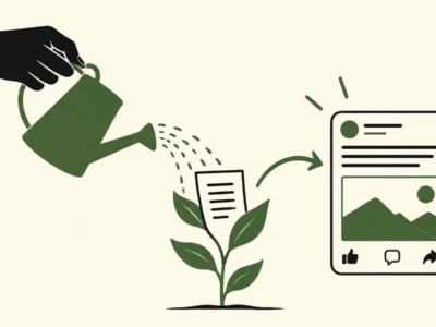 A black-gloved hand waters a small plant growing from a sheet of paper, leading to a social media post illustration, symbolizing nurturing content to grow engagement.