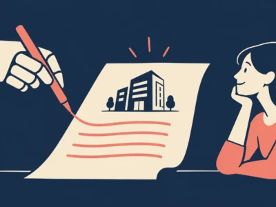A stylized illustration of a hand drawing a modern building on a blueprint as a woman watches thoughtfully from the right.