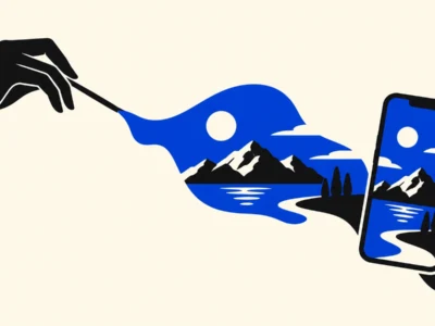 Abstract scene: a blue landscape (mountains, lake, sun) flows from a left hand toward a smartphone in a right hand, suggesting image transfer or sharing across devices.