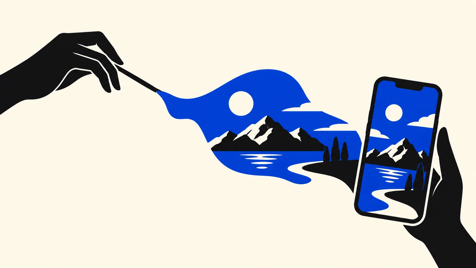 Abstract scene: a blue landscape (mountains, lake, sun) flows from a left hand toward a smartphone in a right hand, suggesting image transfer or sharing across devices.