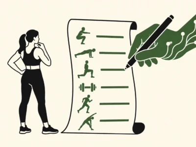Ilustracja redakcyjna Jak ułożyć plan treningowy z AI krok po kroku - Promptowy Person standing beside a scroll listing exercise icons and a hand writing with a large pen, symbolizing creating a fitness plan.