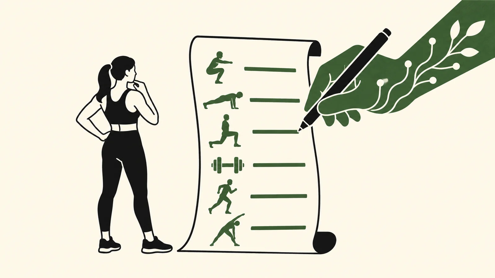 Person standing beside a scroll listing exercise icons and a hand writing with a large pen, symbolizing creating a fitness plan.