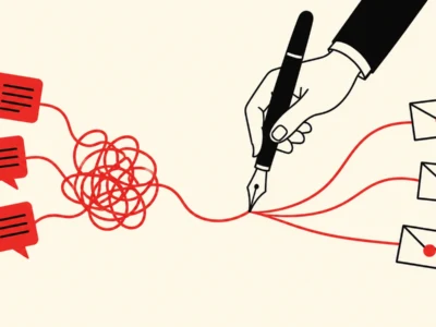 Ilustracja redakcyjna Szkoła AI lekcja 5 Trudny mail reklamacja pismo do urzędu - gotowe w kwadrans i we właściwym tonie - Promptowy Hand with a pen untangles a red squiggle that splits into three envelopes on the right, while red message bubbles on the left symbolize noisy information being organized into email.