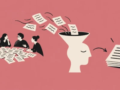 Ilustracja redakcyjna Jak podsumować notatki ze spotkania z AI krok po kroku - Promptowy Group of people at a table covered in scattered papers; pages fly into a large head, symbolizing information overload filling the mind with documents to read.