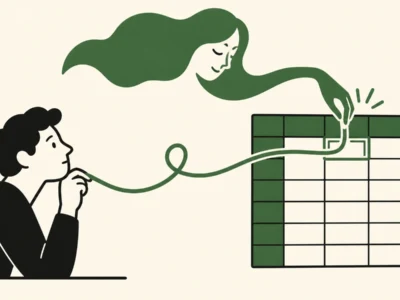 Ilustracja redakcyjna Jak napisać formułę w Excelu z AI krok po kroku - Promptowy Person on the left pulls a green rope toward a calendar, guided by a green figure above. (Time planning metaphor)