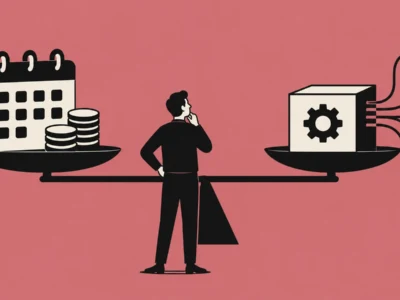 Person weighing cost vs benefit-calendar and coins on left, gear box and circuits on right.