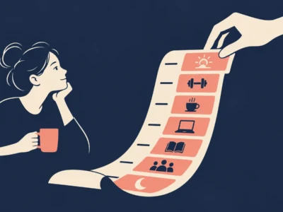 Ilustracja redakcyjna Jak zaplanować dzień z AI krok po kroku - Promptowy Woman with a mug looking at a long curved to-do list with icons for sun, weights, coffee, laptop, book, and group on a dark background.