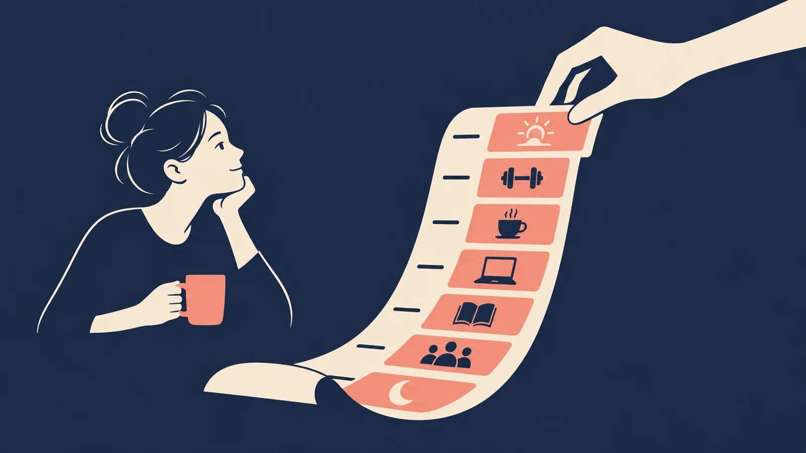 Ilustracja redakcyjna Jak zaplanować dzień z AI krok po kroku - Promptowy Woman with a mug looking at a long curved to-do list with icons for sun, weights, coffee, laptop, book, and group on a dark background.