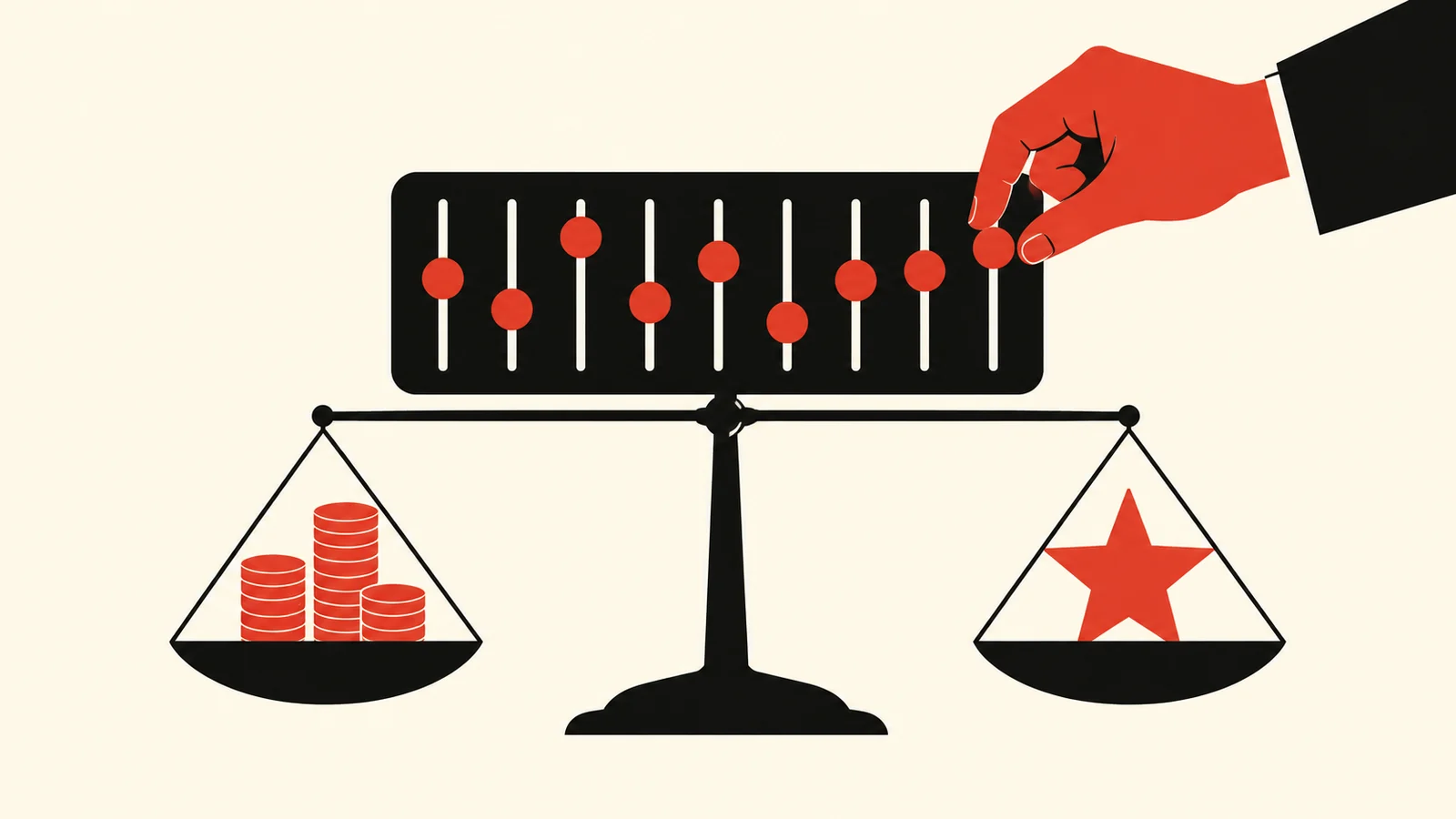 A hand moves red knobs on a control panel above a balance scale, tipping the scales toward the left with piles of coins vs a red star on the right pan (illustration of fairness or bias).