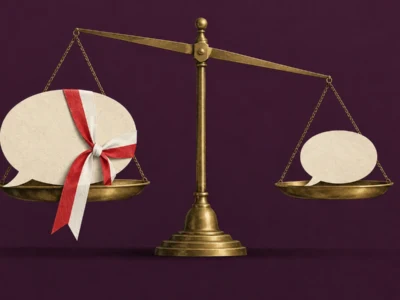 Gold balance scale with a ribbon-tied speech bubble on the left and an empty speech bubble on the right.