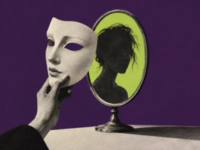 Hands hold a white masquerade mask up to a reflecting mirror with a yellow-green silhouette, purple background, theme of identity.