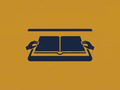 Księgarze podejrzewają że firmy AI kupują i niszczą rzadkie książki Jest alternatywa - Promptowy Dark blue silhouette of hands pulling apart an open book on a desk, orange background.
