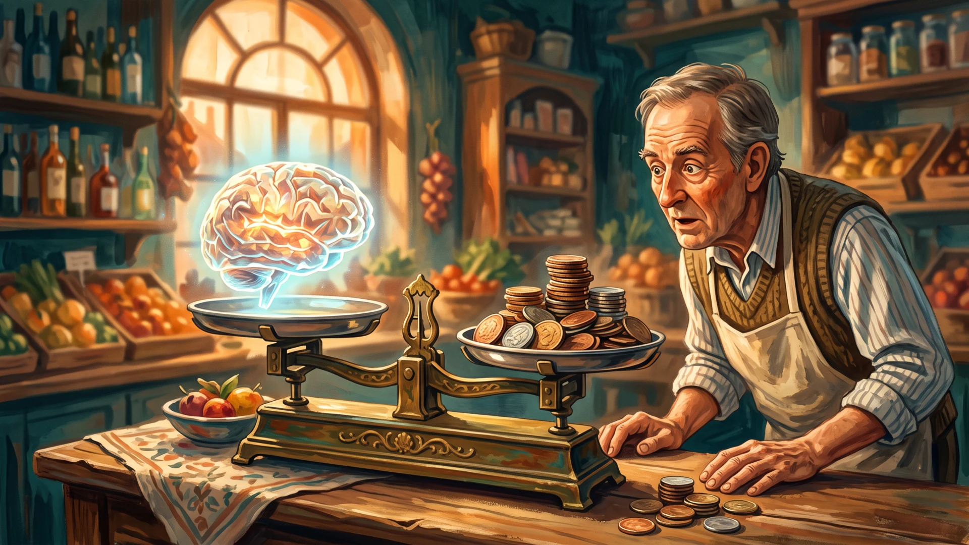 Frontier w cenie średniaka Ta sama praca na Grok 46 GPT-56 i Claude w złotówkach - Promptowy Old shopkeeper leaning over a vintage scale as a glowing brain hovers above, with coins stacked nearby.