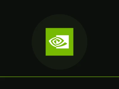 NVIDIA logo centered on a lime green square with a dark circular backdrop on a black background.