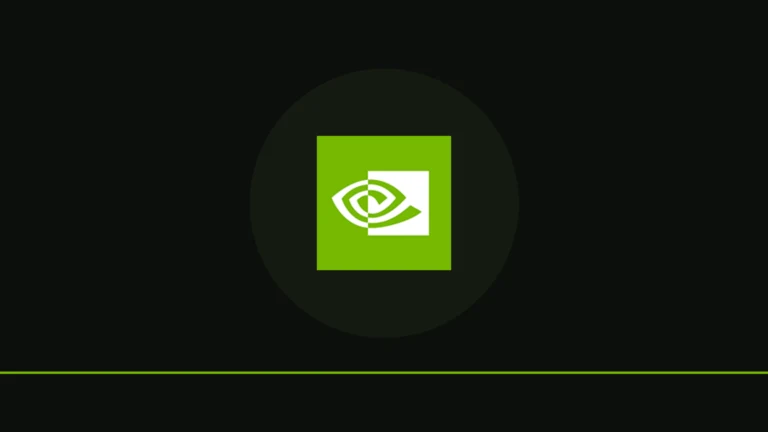Logo NVIDIA na jasnozielonym kwadracie z ciemnym tłem.
