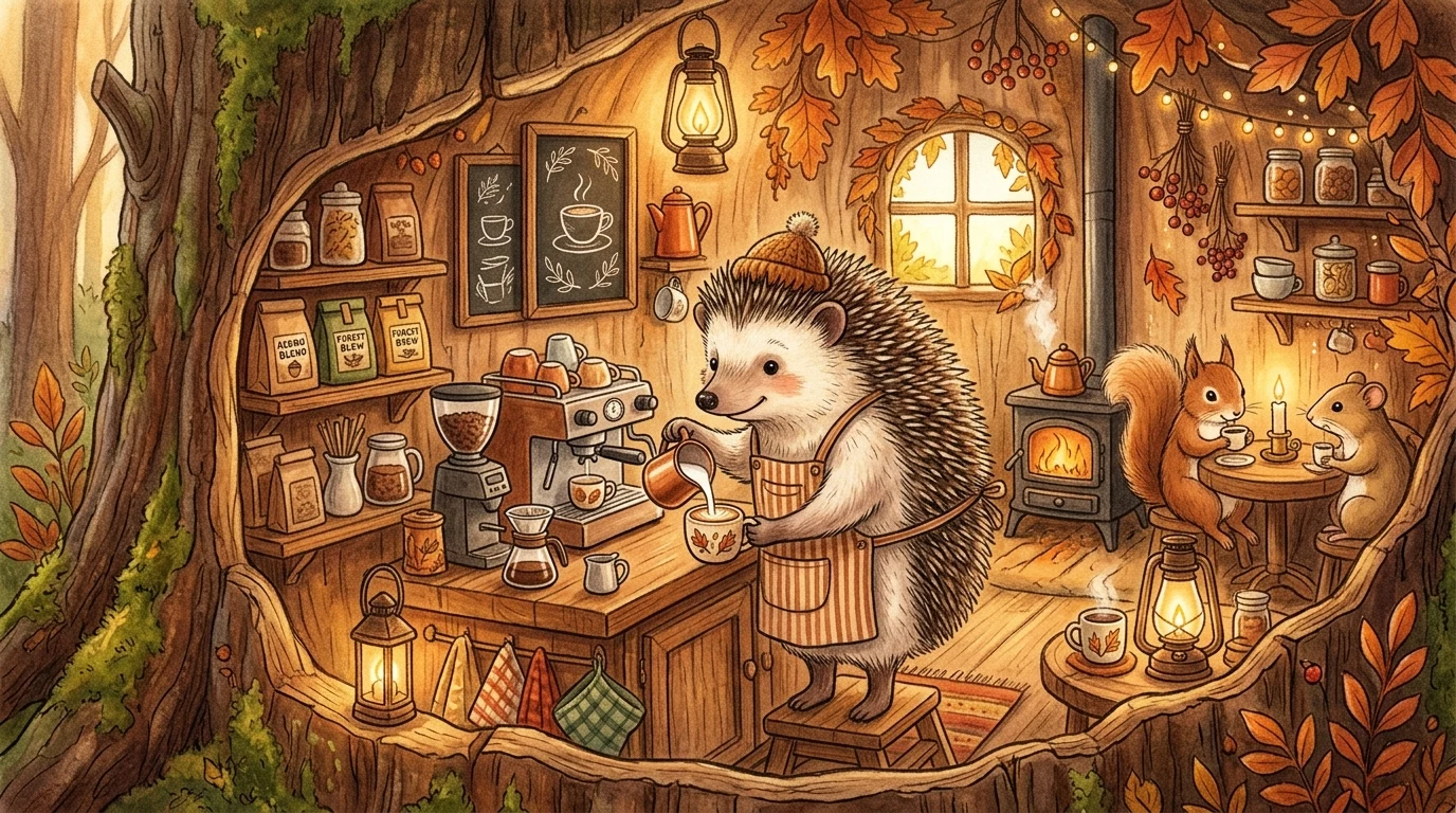Nano Banana 2: jeż barista w kawiarni z gośćmi