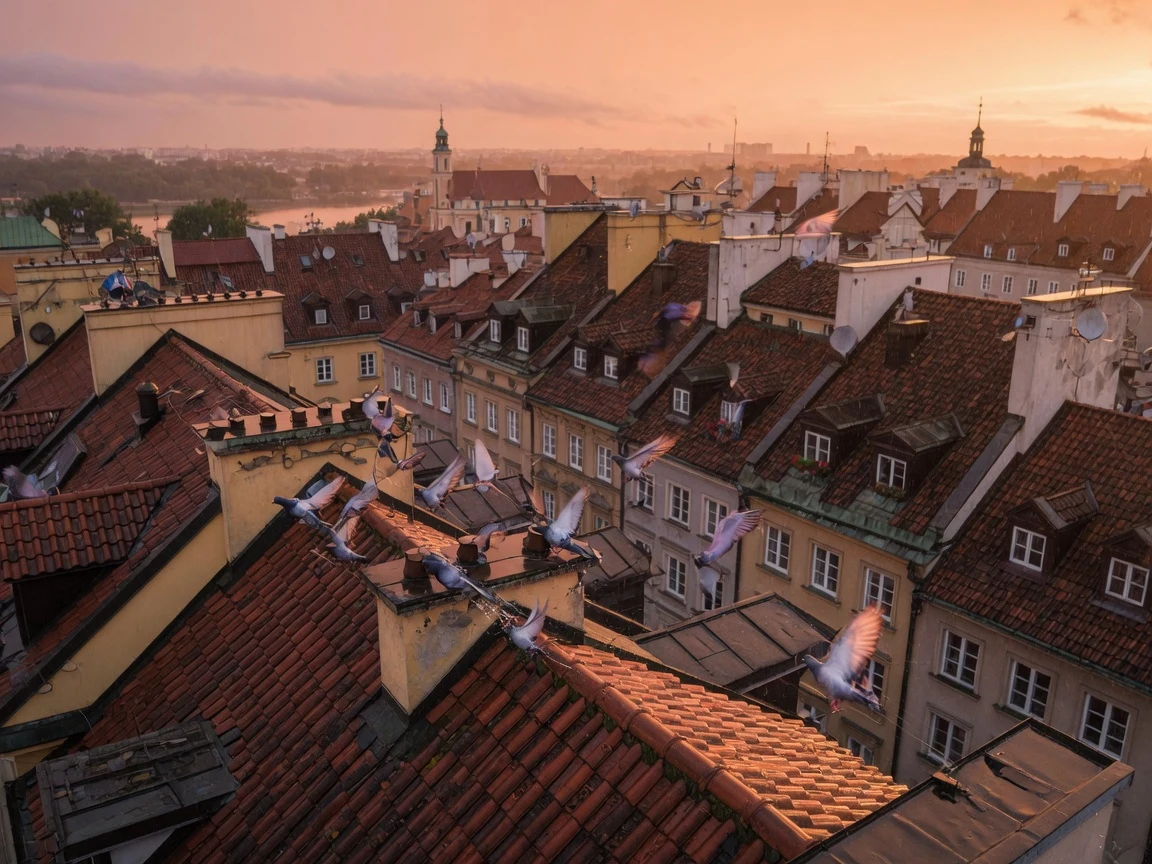 Grok Imagine: dachy starego miasta o zachodzie słońca