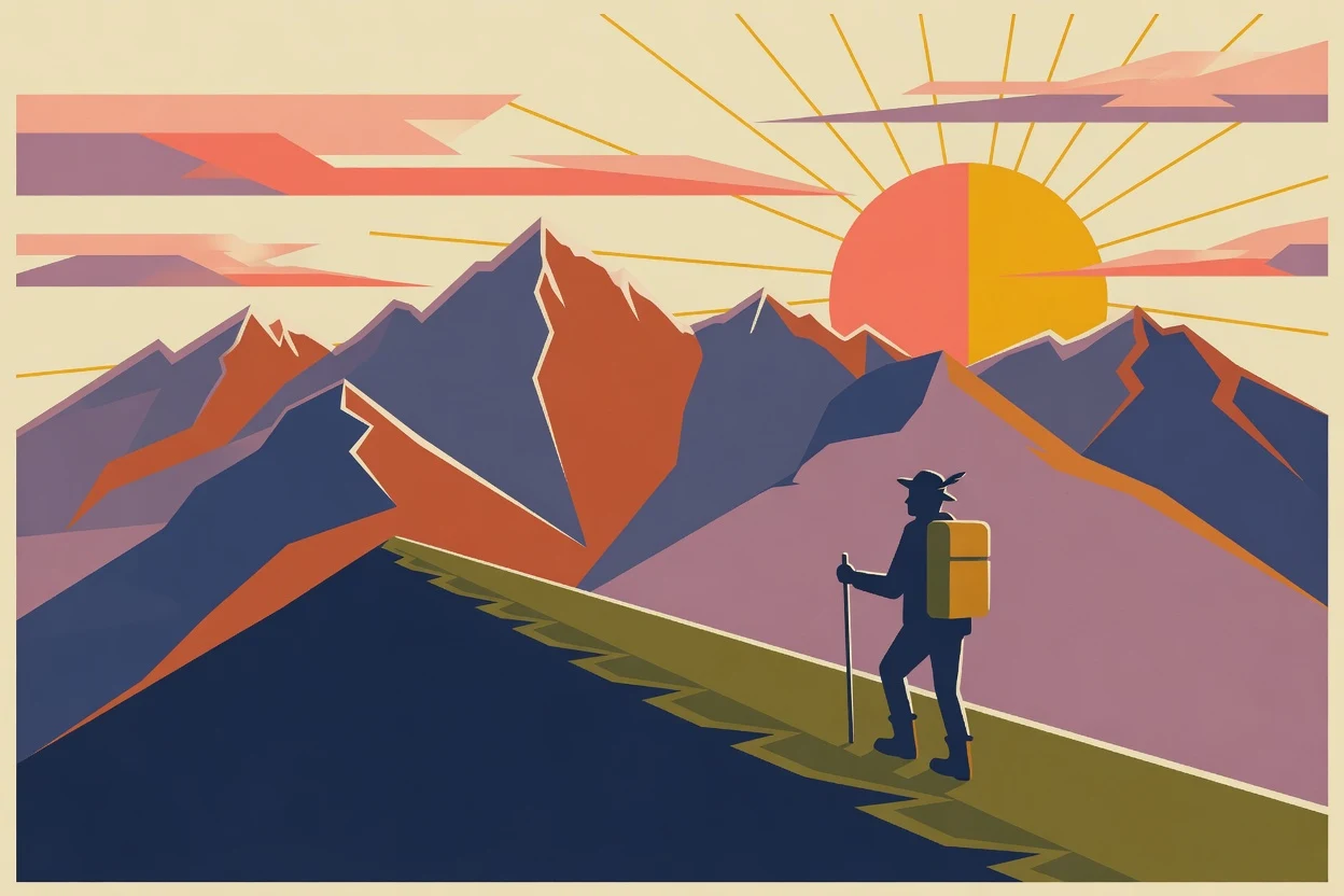 Grok Imagine: plakat retro z Tatrami i turystą