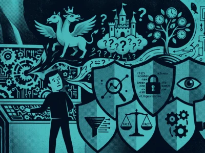 Silhouette of a person at a laptop, with a turquoise collage of gears, a dragon, castle, clocks, and shields representing technology and security.