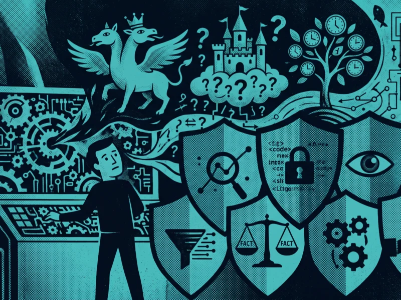 Silhouette of a person at a laptop, with a turquoise collage of gears, a dragon, castle, clocks, and shields representing technology and security.