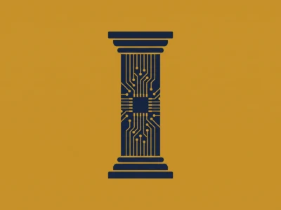 Stylized dark blue column with circuit-trace patterns against a mustard yellow background, resembling technology-inspired architecture.