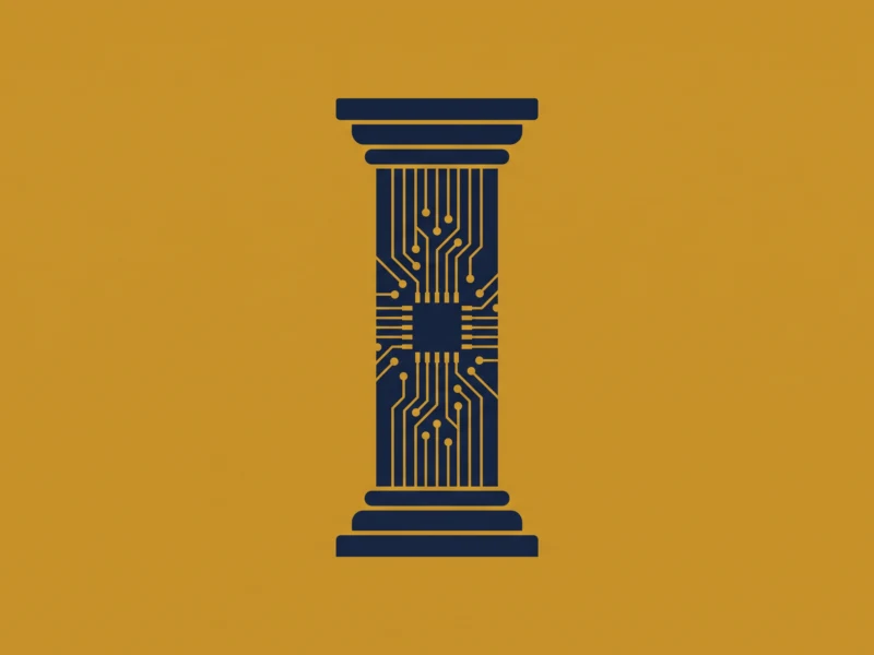 Stylized dark blue column with circuit-trace patterns against a mustard yellow background, resembling technology-inspired architecture.