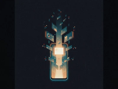 Glowing smartphone at center with floating panels and data dots rising upward, symbolizing digital connectivity and data flow.