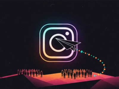 Abstract illustration of the Instagram logo with a paper airplane delivering a dotted color trail toward a crowd of people on a colorful hill.