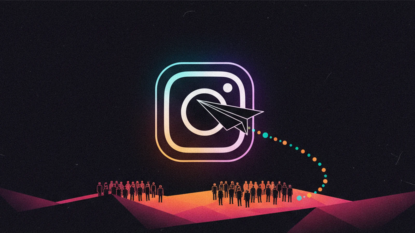 Abstract illustration of the Instagram logo with a paper airplane delivering a dotted color trail toward a crowd of people on a colorful hill.