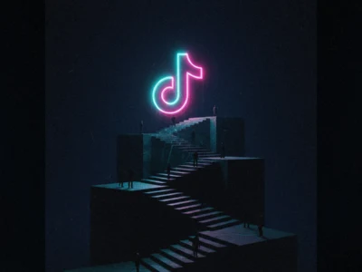 Silhouetted people ascend a stepped dark structure toward a glowing neon TikTok logo at the top.