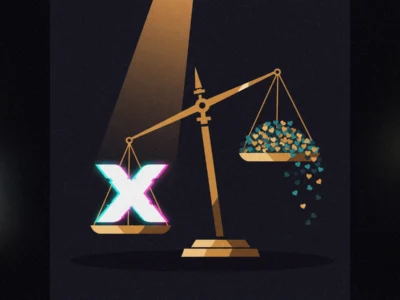 Gold balance scale on a dark background: left pan holds a glowing X, right pan overflows with teal and orange hearts.