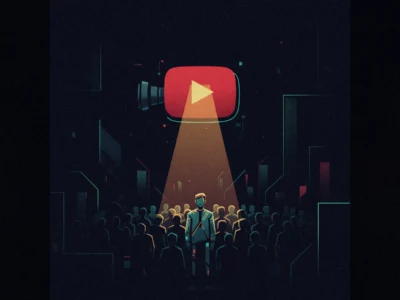 Speaker standing on a dimly lit stage before a crowd, with a large red YouTube-style play button overhead casting a spotlight on him.